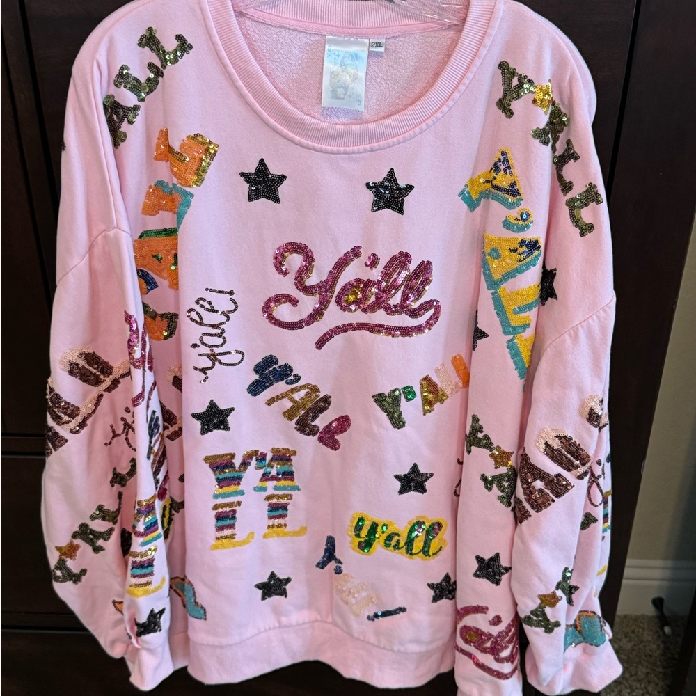 QUEEN OF SPARKLES Pink “Y'all” Sequin Sweatshirt
